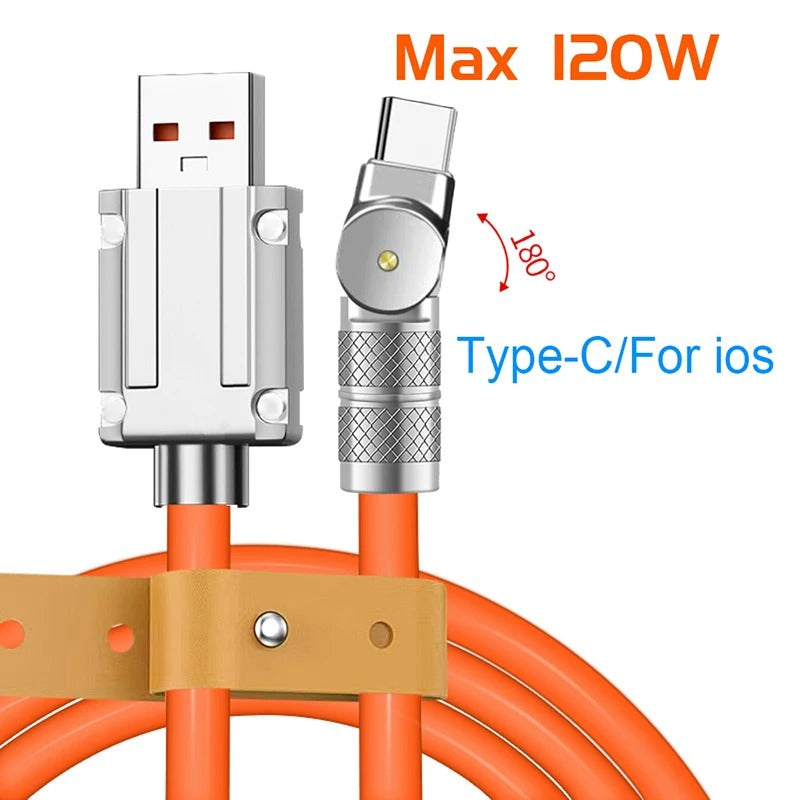 1M Rotating Type-C USB Cable – 6A 120W Fast Charger for iPhone 14 Plus, Xiaomi 13, Samsung Phones