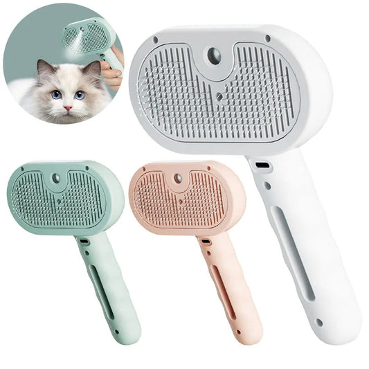 Pet Steam Brush with Spray & Hair Removal Comb – 3-in-1 Grooming Tool for Cats and Dogs